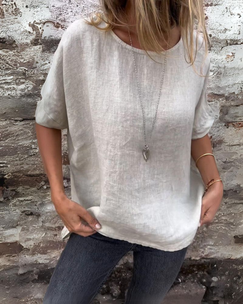 Michella - Round Neck Cotton And Linen T-Shirt
